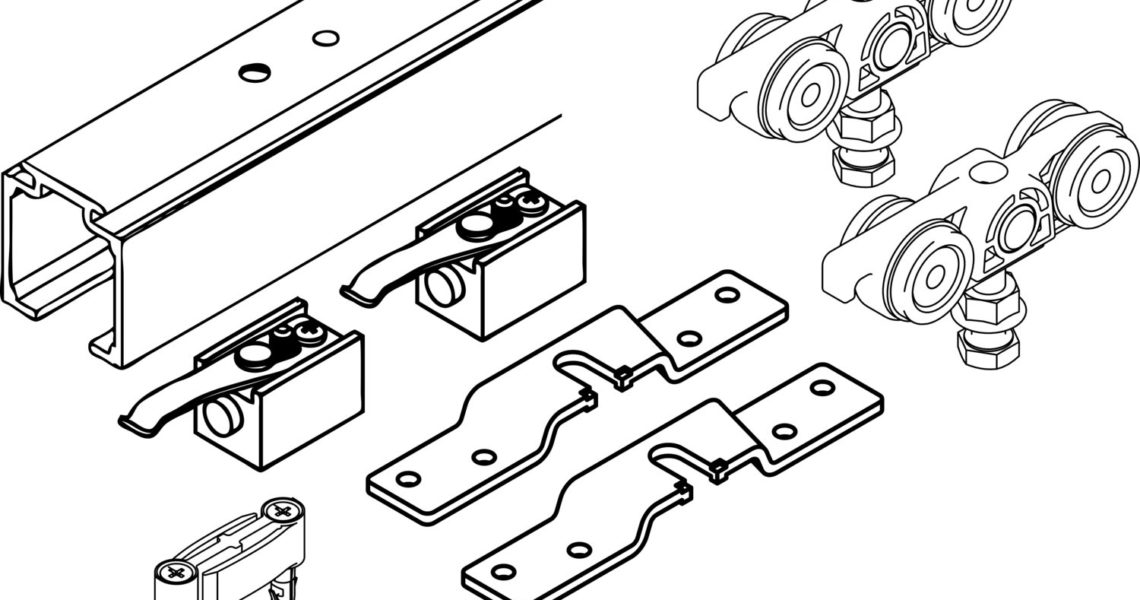 Kreslené schéma k sadě kování pro montáž skleněných a kovových posuvných dveří značka SOLIDO